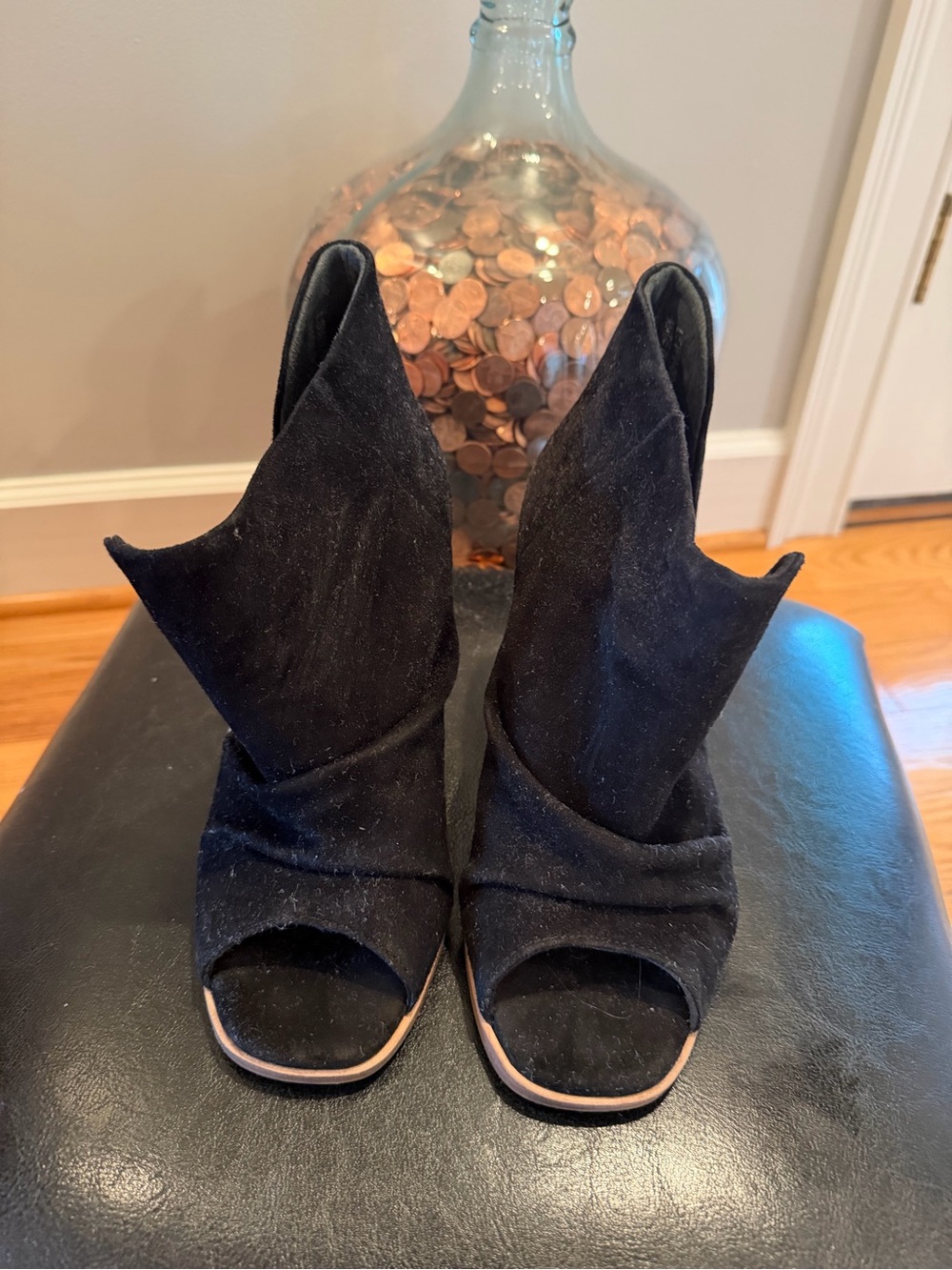42 GOLD Black Suede Peep-Toe Ankle Booties